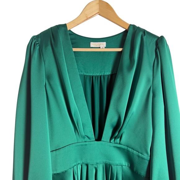 Ramy Brook Madeline Green Satin Plunge Neck Long Sleeve Gown Size 8 - Picture 8 of 16